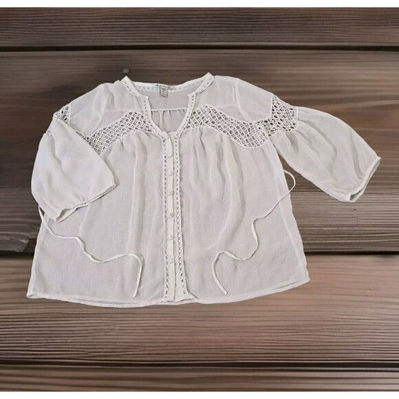 American Rag Cie Womens Peasant Top Sz L Ivory Sheer Boho Blouse Oversized Vtg - Picture 1 of 16